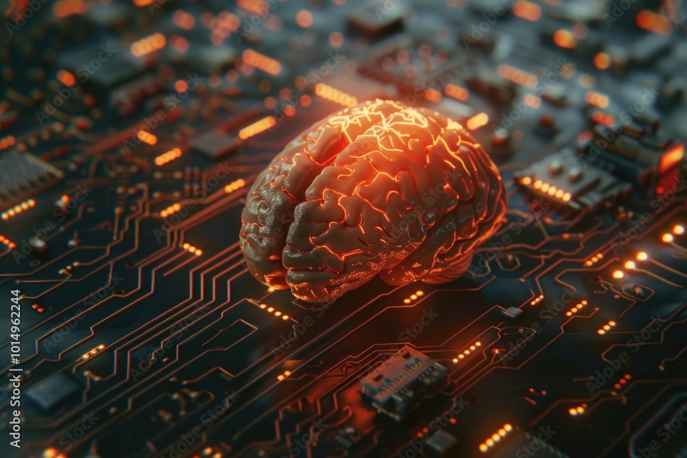 Poster a close-up view of a brain integrated with a circuit board, perfect for use in sci-fi and technology