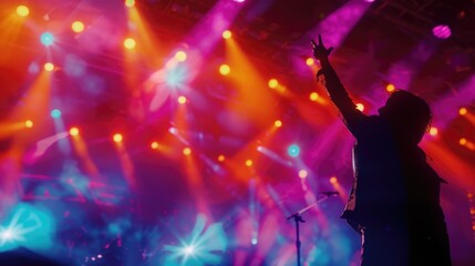 A person stands at the edge of a brightly lit stage, ready to perform or present
