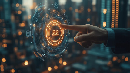 Businessman pointing at icons with digital interface overlay on blurred city background. Concept of business strategy and technology driven network.