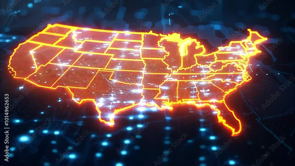 Poster a digital map of the united states outlined in orange, featuring a network of glowing data points an
