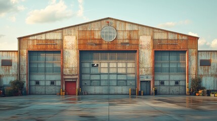 Fototapeta premium 3D model of an industrial warehouse, positioned at a high angle to feature its exposed steel beams and large loading doors, against a white background. The color tone is gritty grays and metallic 