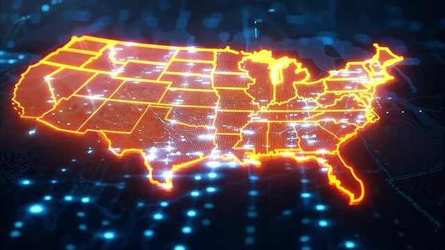 A digital map of the United States outlined in orange, featuring a network of glowing data points and connections.