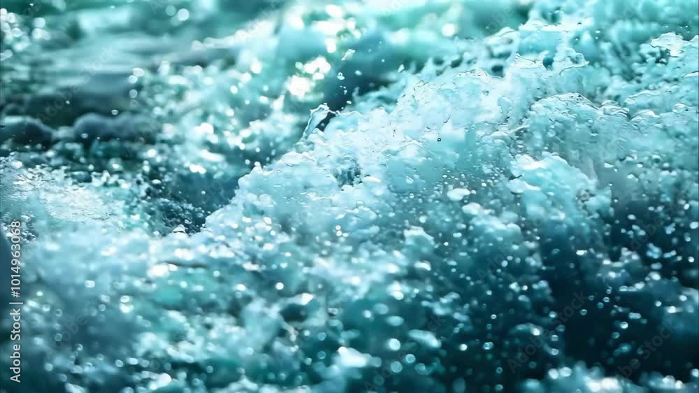 Poster a turbulent ocean wave with splashes of water, creating a dynamic and frothy surface reflecting shad