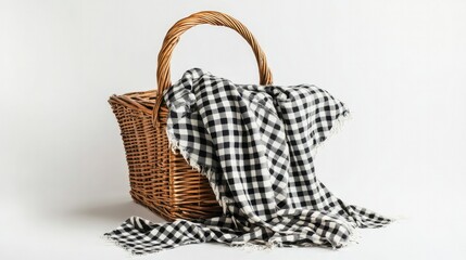 An elegant picnic basket with a checkered cloth spilling out, perfect for outdoor dining themes, placed on a pristine white backdrop.