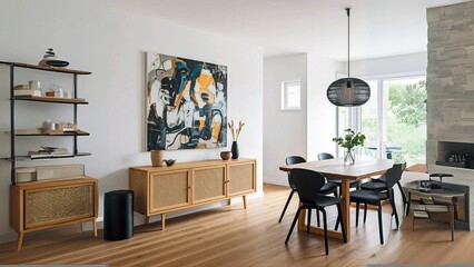 A minimalist living room with a large abstract painting on the wall, a rattan sideboard, a wooden dining table, and black chairs