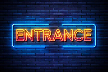 Bright Neon Entrance Sign on Brick Wall