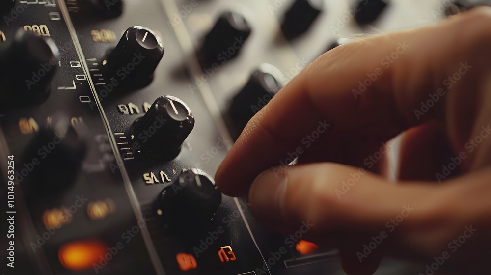 Poster close-up hand turning knob on control panel for precise adjustments and fine-tuning