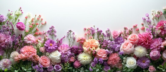 A colorful arrangement of pink, white, and purple flowers on a white background, creating a beautiful floral border.