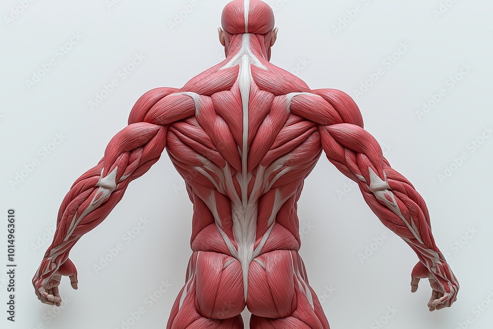 Poster man with red muscles is shown on a white background. man's back is visible. v-cut muscles on the bac