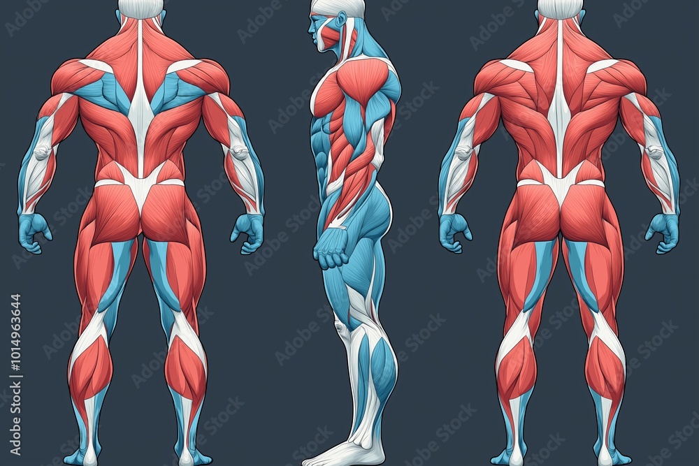 Poster man with blue and red muscles is shown in three different positions. v-cut muscles on the back, with