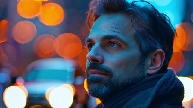 A man is looking back at the camera with a blurred cityscape featuring orange and blue bokeh lights in the background.