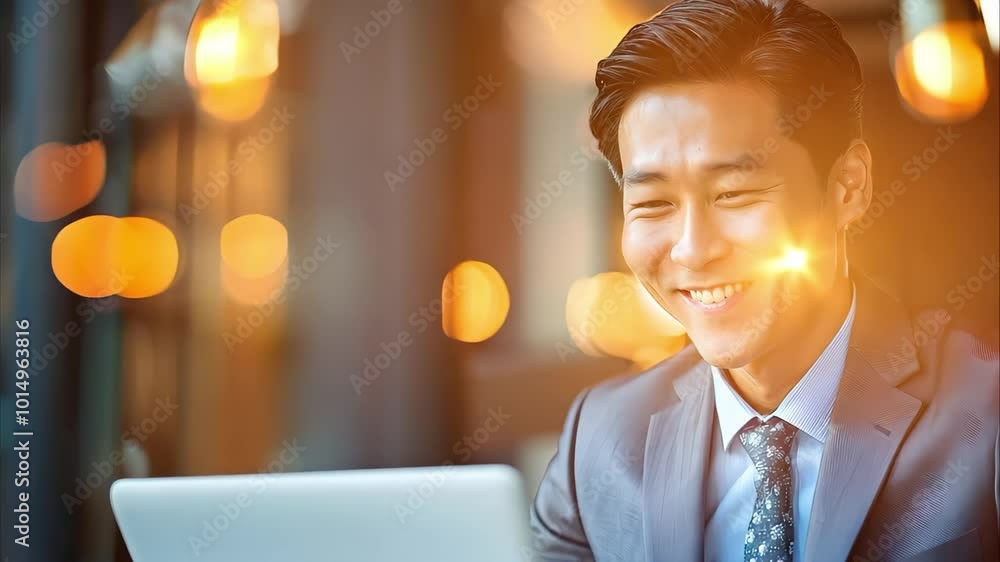 Poster a smiling man in a suit is sitting at a table with a laptop, illuminated by warm lights in a modern 