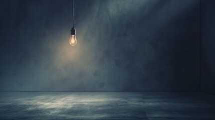 Dark empty room with single flickering light bulb casting long shadows, emphasizing absence of power and eerie atmosphere, minimalist setting with focus on light bulb's glow.