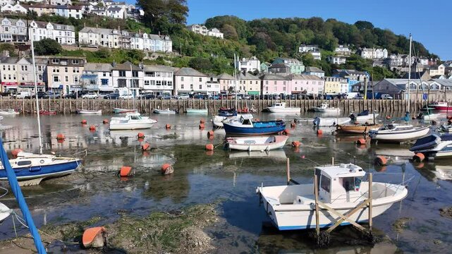 Looe Cornwall England. 30.09.2024. Video. Landscape view of East Looe resort at low tide on the Cornish coast UK.