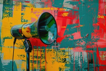 A megaphone on a stand in front of a colorful wall, perfect for events and gatherings
