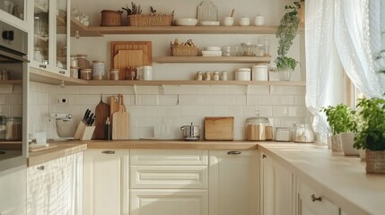 A beautifully designed beige kitchen with sleek cabinets and neatly arranged kitchenware, combining modern functionality with cozy aesthetics.