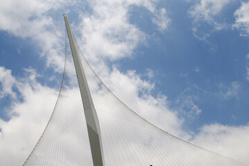 The landmark, white Bridge of Strings or Chord Bridge,  a modern suspension bridge built to accomodate Jerusalem's new inner city light rail.