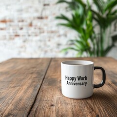 White mug with 'Happy Work Anniversary' text on a wooden table, greenery in the background.