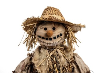 Close-up photo of a scarecrow wearing a straw hat, often used for rural or agricultural-themed designs