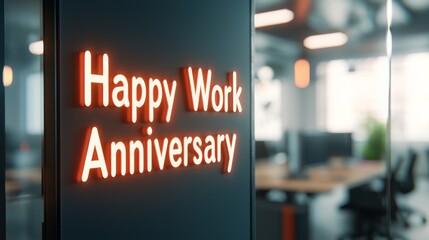 Happy Work Anniversary sign in a modern office setting with a bright and inviting atmosphere.