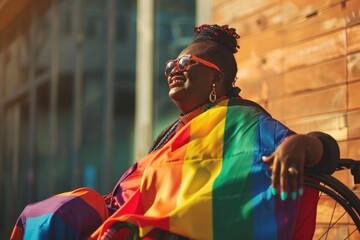 A person in a wheelchair wrapped in a colorful rainbow blanket, perfect for representing diversity and inclusion