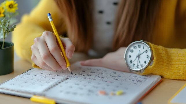 Student Adjusting Study Schedule with Planner and Pencil,Representing Time Management and