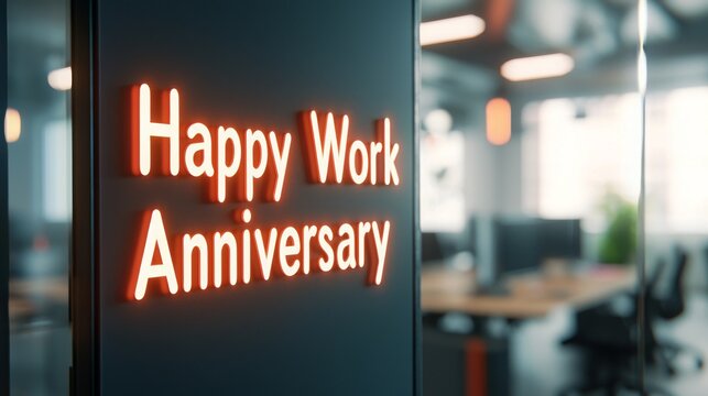 Happy Work Anniversary sign in a modern office setting with a bright and inviting atmosphere.