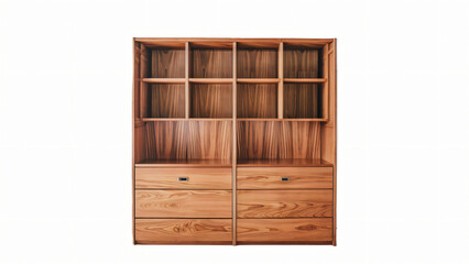 Wooden cabinet with open shelves for storage, isolated on white background