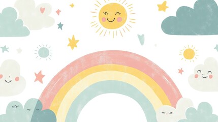 Naklejka premium A cheerful pastel rainbow with fluffy clouds and smiling suns, creating a joyful scene on a bright white background, perfect for children decor.