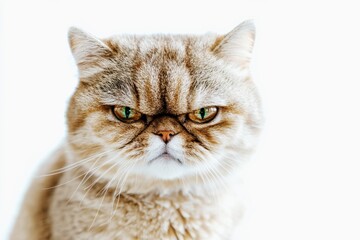 grumpy and surprised cat with funny expression isolated on white background, close-up of an angry feline