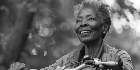 A black and white photo of a woman riding a motorcycle, wearing a helmet and leather jacket