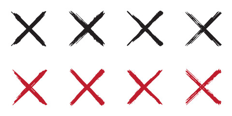 Set of hand drawn X marks in brush stroke. grunge red cross sign set. Brush x cross isolated on white background. Vector Collection.