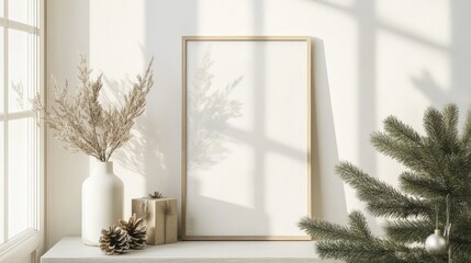 Naklejka premium A chic poster mockup displaying a seasonal theme, elegantly presented on a white background, suitable for holiday marketing or festive decor.