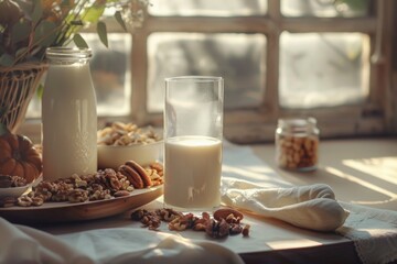 A glass of milk sitting on a table, ready to be consumed