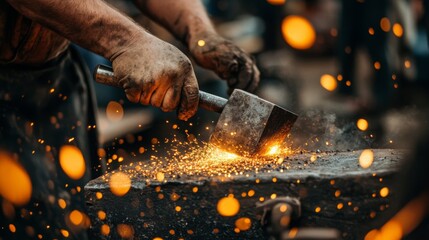A close-up of a blacksmith hammering metal, sending sparks flying in a vibrant, glowing atmosphere.