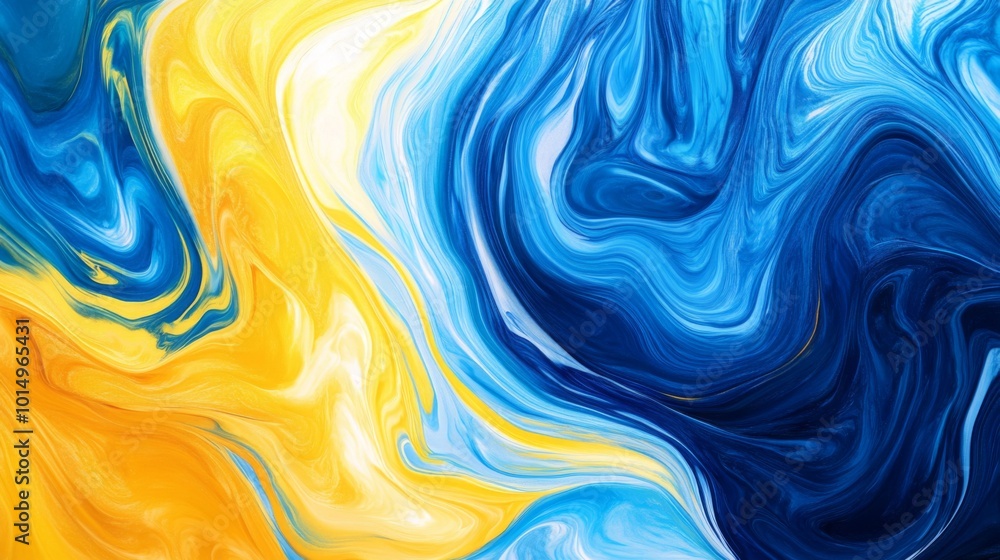 Poster A vibrant abstract swirl of blue and yellow, showcasing fluid patterns and blending colors in a stunning display of artistry.