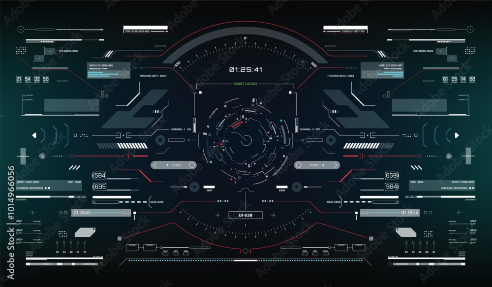 Poster Technology futuristic system of HUD monitoring screen interface element. UI, GUI, drone, VR, game display template vector.