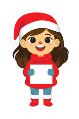 Smiling girl holding blank board, wearing christmas clothes, isolated vector illustration eps 10