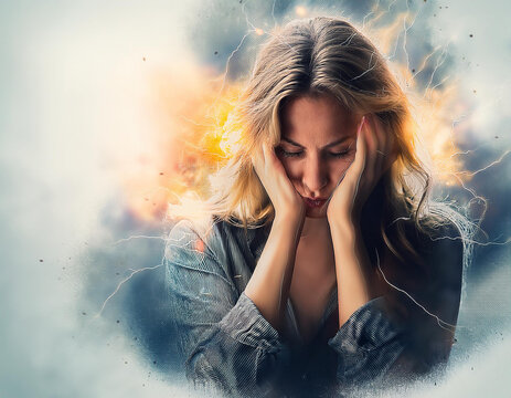 Mujer con problemas y dolor de cabeza con las manos en la cara rodeada de fuego y nubes simbolizando estr&eacute;s, ansiedad, depresi&oacute;n, problemas emocionales y crisis personal con los problemas de la vida