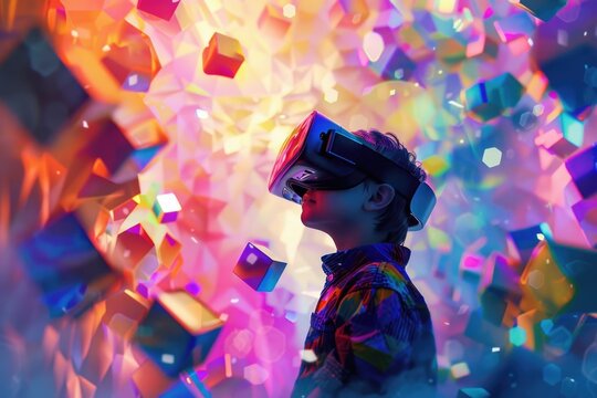 A young boy wearing a virtual reality headset, perfect for tech and innovation themed projects