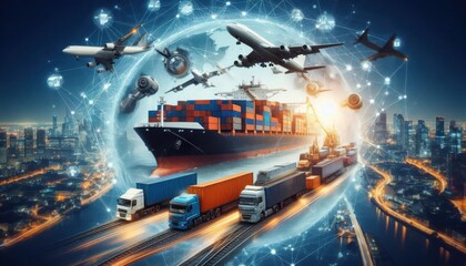 A cargo ship, truck, train, airplane, and globe connected by a network, representing global logistics..Concept: Global logistics, supply chain management