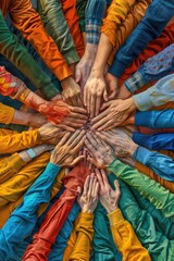 Group of people forming a circle with their hands together, possibly for a meeting or gathering