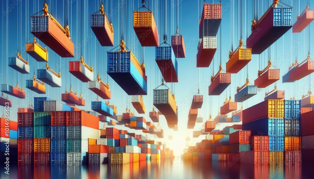 Poster a vast container terminal with stacks of colorful containers, representing the global trade network 