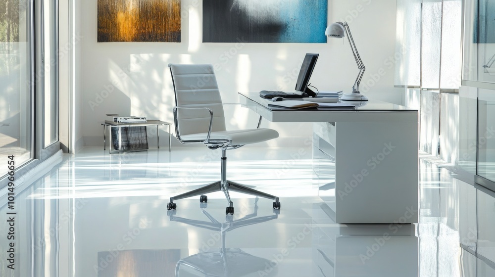 Aufkleber an office chair with a white leather seat and chrome frame sits near a white desk in a modern office