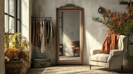 A cozy entryway with a rack full of autumn clothes, a framed mirror, and a chic armchair, perfect for seasonal home decor inspiration.