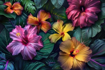 A detailed view of a bouquet of flowers with leaves
