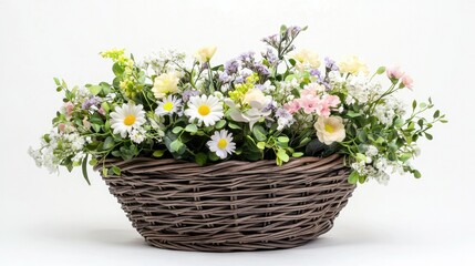 A decorative basket filled with seasonal flowers, adding a touch of nature's beauty to the white background, ideal for floral arrangements.