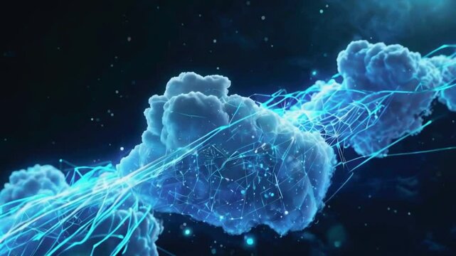 3D-rendered clouds float in space, data server cloud storage. energy disintegrate smooth loop, data cloud computing network. dark bright, flowing lines, 4k High-Quality background Animation Video