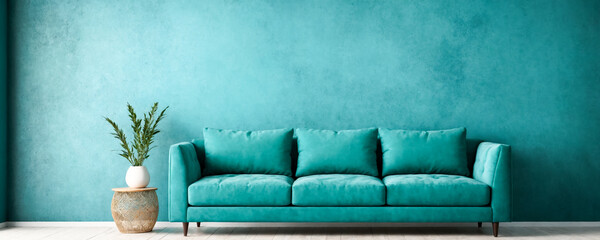 A living room with a teal wall, a blue sofa with white cushions, a plant, and a side table.