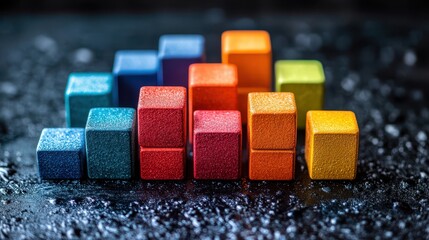 Obraz premium A colorful arrangement of textured cubes, varying in height and hue, creates a visual pattern against a dark surface.